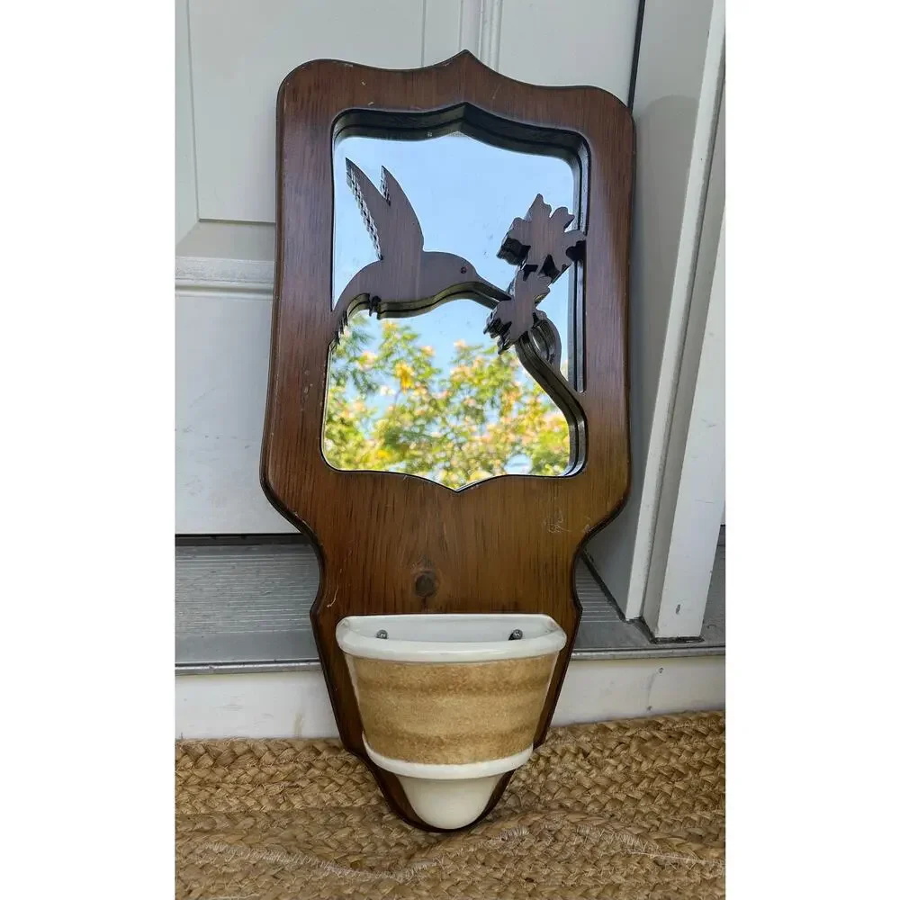 Vintage Wood Wall Caddy Mirror plant holder hummingbird hang retro boho